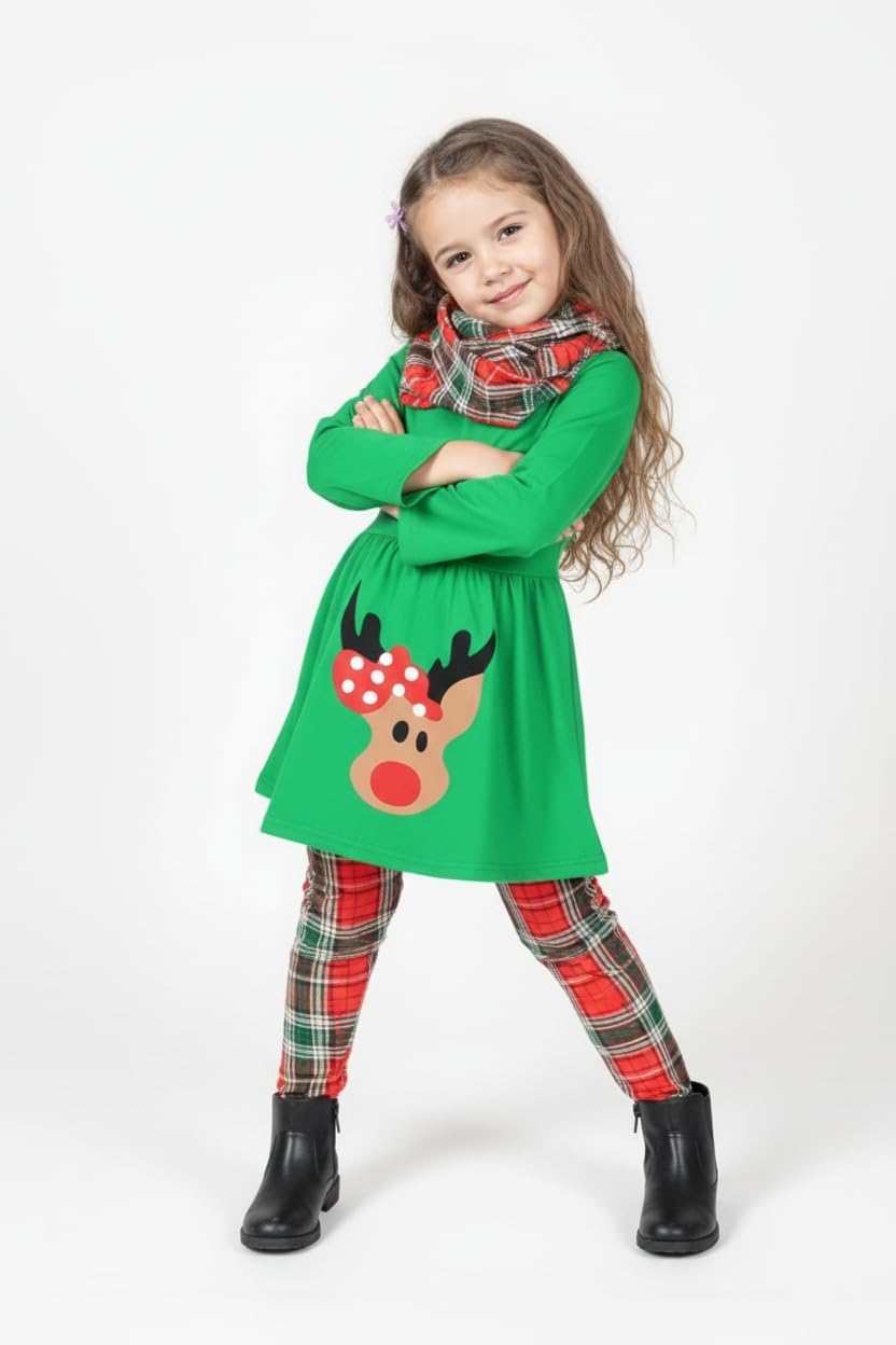 Unique Baby Girls 3 Piece Christmas Reindeer Legging Set Outfit (4 Years, Green)