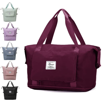 Large Capacity Folding Travel Bag - Lightweight Waterproof Carry On Luggage with Fixed Strap, Dry & Wet Separation - Foldable Travel Duffel for Sports & Gym (Wine Red)