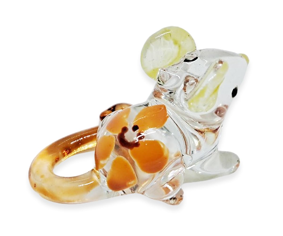 WitnyStore Tiny 1⅜" Clear Mouse Yellow Flower Figurine - Miniature Hand Blown Painted Glass Mice Rat Shrew Rodent Small Crystal Animals Cute Decorative Figures Collectible Figurines Home Décor Gifts