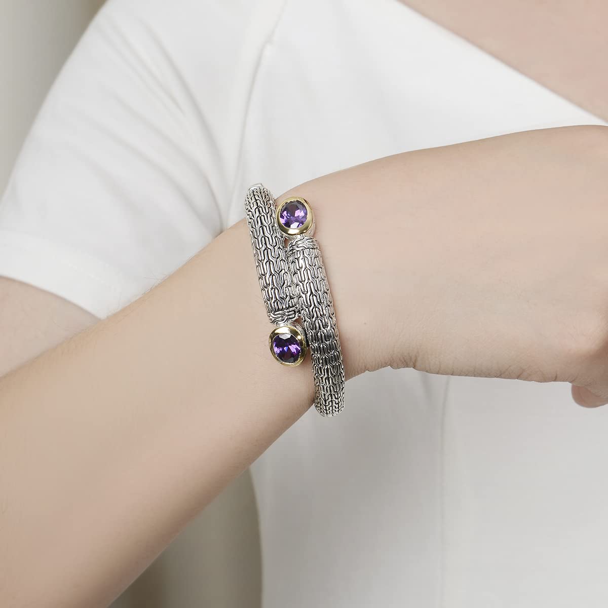 UNY JEWEL Jewelry Multi Strand Foxtail Chain Woven Pattern Inlay 8 by 10 Oval CZ Vintage Antique Two Tone Elegant Designer Inspired Unique Box Tongue Clasp Bangle (Black)