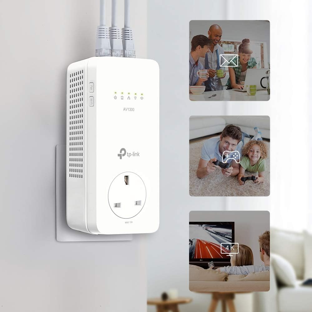 TP-Link TL-WPA8631P KIT AV1300 Gigabit Passthrough Powerline Adapter, Dual-Band WiFi Extender, up to 1300Mbps Speed, Internet Booster, Extra Power Socket, Works with OneMesh, No Configuration Required