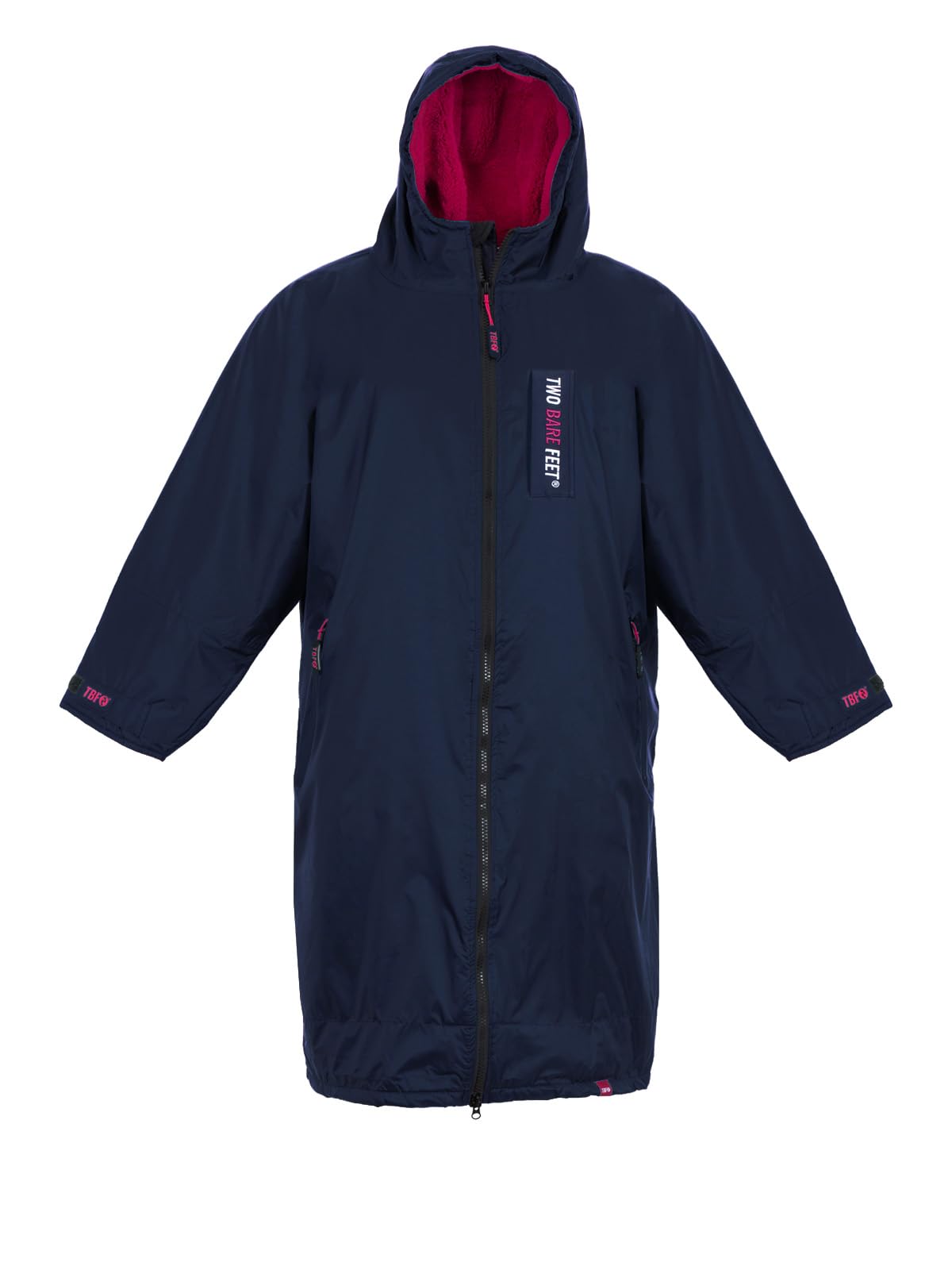 Two Bare Feet Waterproof Long Sleeve Changing Robe with Hood & Changing Mat, Sherpa Fleece Lining, Windproof, Warm, for Watersports, Swimming, Surfing, SUP (Small, Navy/Raspberry)