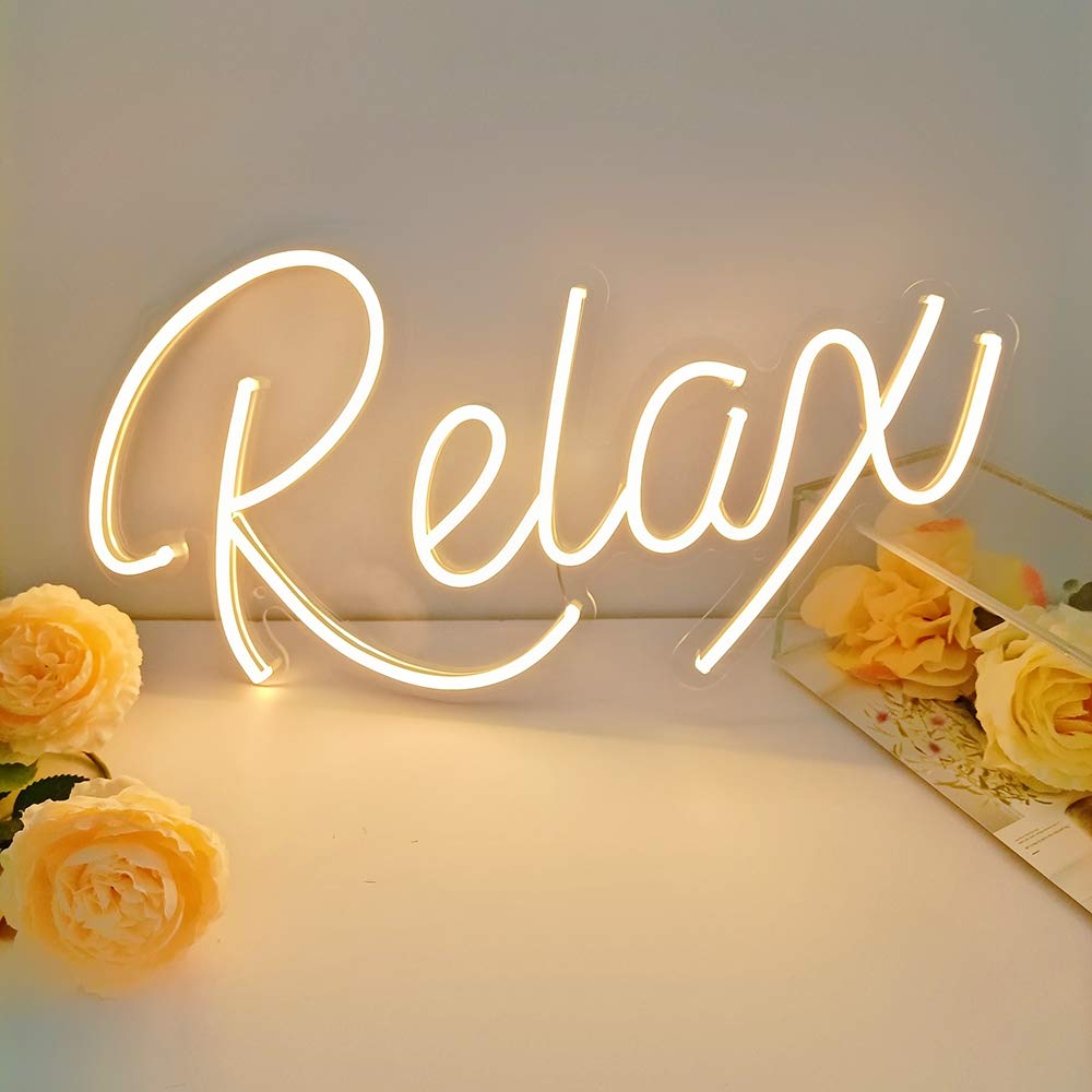 Relax Neon Sign Unique Art Ornaments with Dimmable Switch, 5V USB Powered Cool Neon Relax Signs for Wall Decor, Bedroom, Living Room, Bathroom Decoration Valentine's Day SPA Decor (Warm White)
