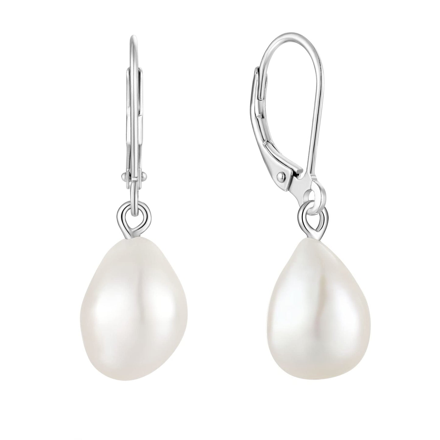 JO WISDOM Pearl Earrings,925 Sterling Silver 10 * 12mm Freshwater Cultured Pearl Leverback Drop & Dangle Earrings for Women Wedding
