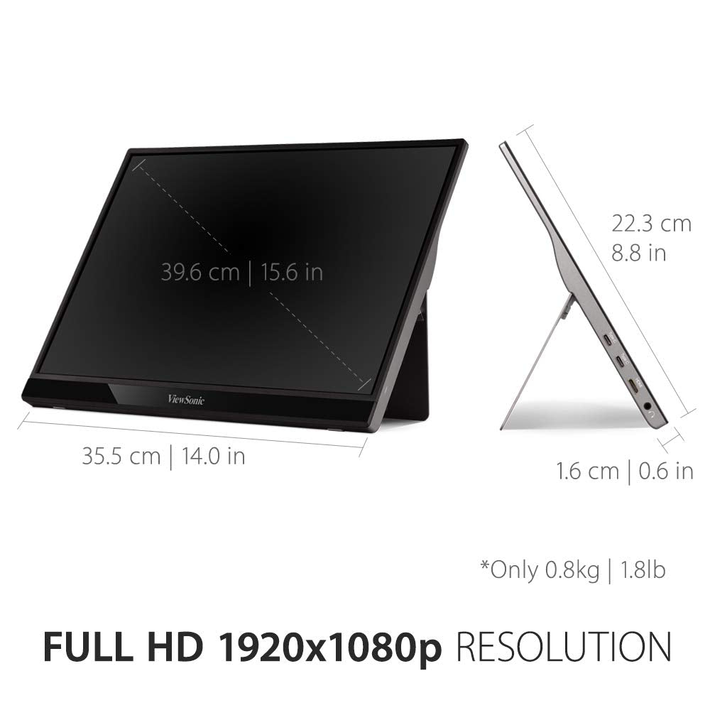 ViewSonic VG1655 15.6 Inch 1080p Portable Monitor with 2 Way Powered 60W USB C, IPS, Eye Care, Dual Speakers, Built-in Stand with Magnetic Cover