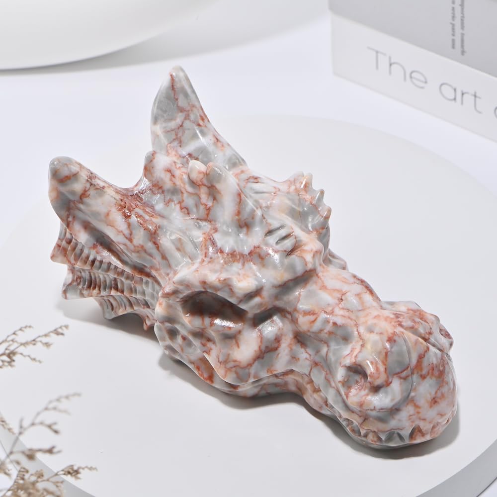 Bmuafry 6''Natural Dragon Head Crystal Skull Head Hand Carved Reiki Healing Stone Statue Healing Home Office Art Room Decoration (Red Grid, 6inch)
