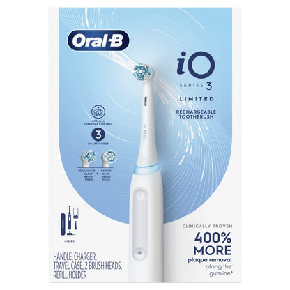 Oral-B iO Deep Clean Rechargeable Electric Powered Toothbrush, White with iO Series 3 Limited, 2 Brush Heads and Travel Case - Pressure Sensor to Protect Gums - 3 Cleaning Settings - 2 Minute Timer