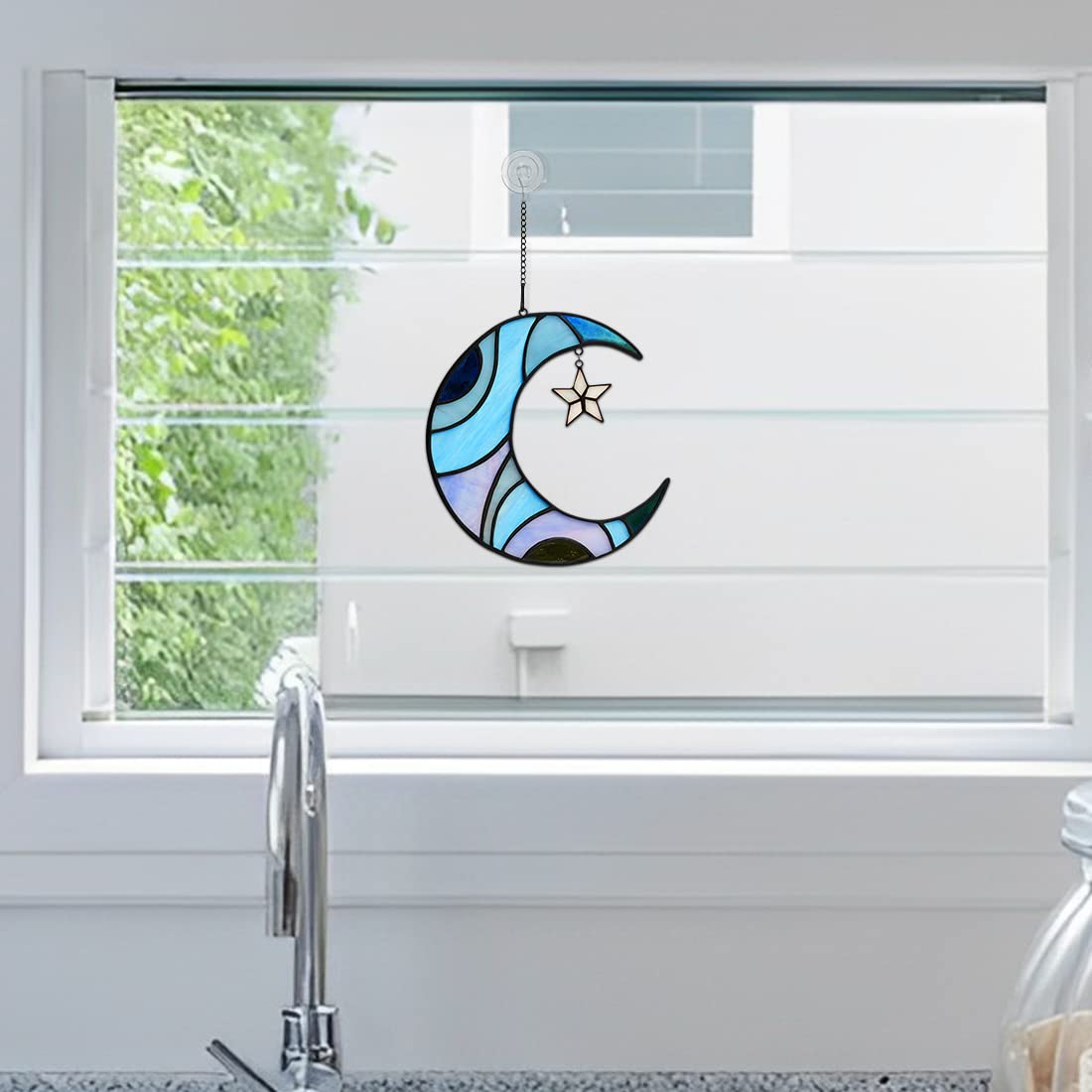 HAOSUM Stars and Moon Stained Glass Suncatcher - Window Decor Gift for Home Indoor - Crescent Moon and Star Decorations for Women