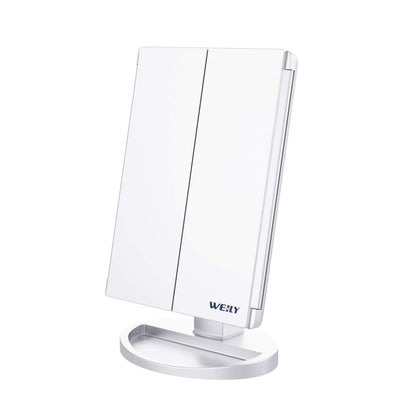 WEILY Makeup Mirror, 1x /2x/3x Trifold Makeup Mirror with 21 LED Lights and Adjustable Touch Screen Mirrors Cosmetic Countertop Mirrors (White)