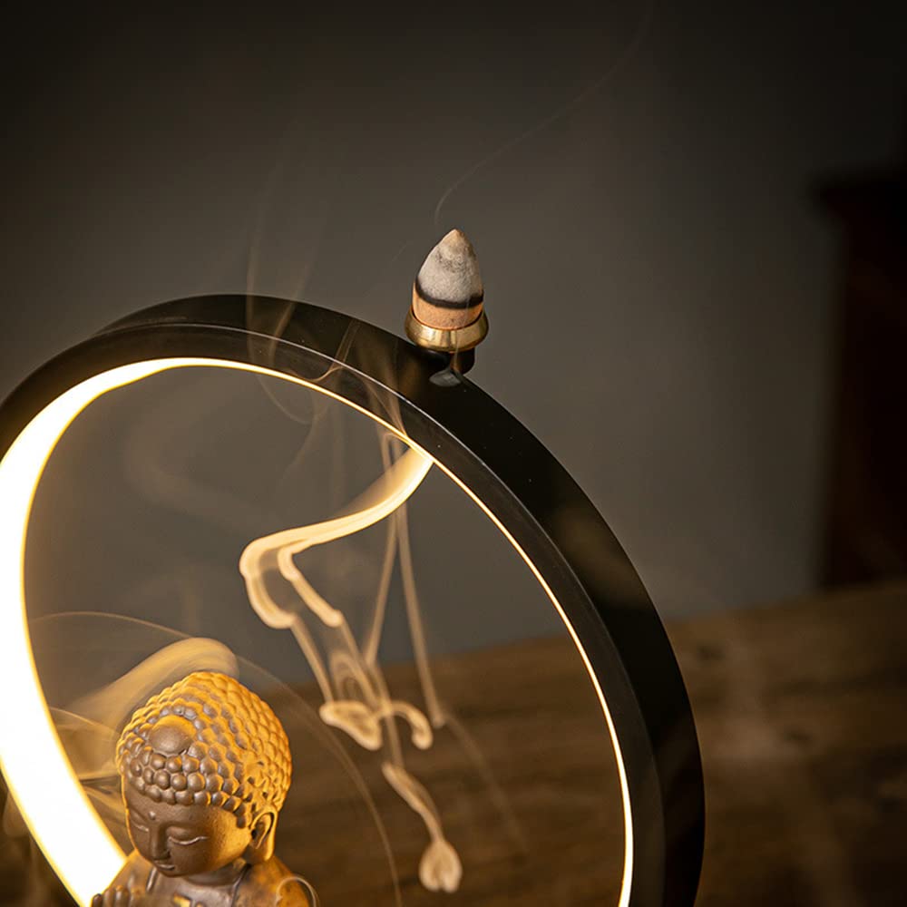 Ceramic Buddha Incense Burner Waterfall Chinese Backflow Incense Burner Holder with LED Light Incense Cones for Home Office Decor (Brown)