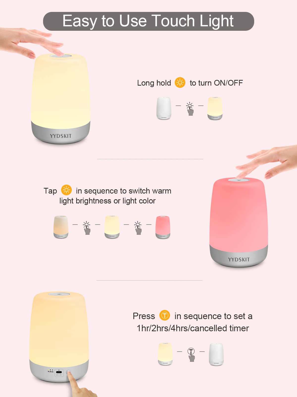 YYDSKIT Night Light for Kids & Nursery - Rechargeable Touch Lamp, Portable Nursing Lamp with Soft & Warm Light for Newborn, 3 Timers, Up to 200H