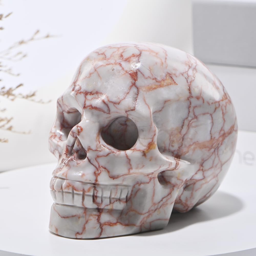 Bmuafry 5''Natural Red Grid Crystal Skull Head Hand Carved Reiki Healing Stone Statue Healing Home Office Art Room Decoration