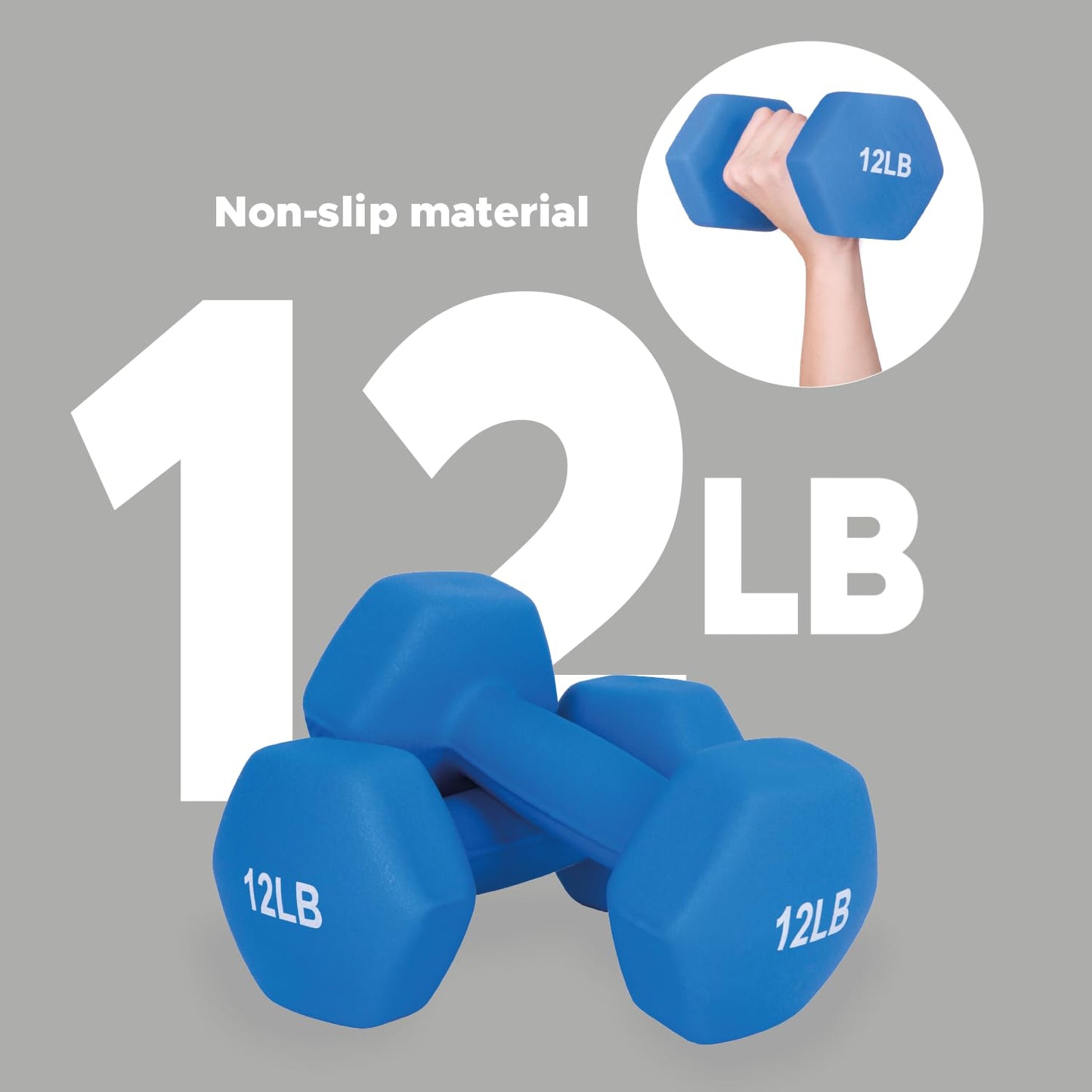 FUXION 12lb Neoprene Dumbbell Hand Weights, Sets of 2 with Multiple Weight Options, Hexagon Non-Slip Weights for Home Gym Yoga Pilates Workout - Dark Blue