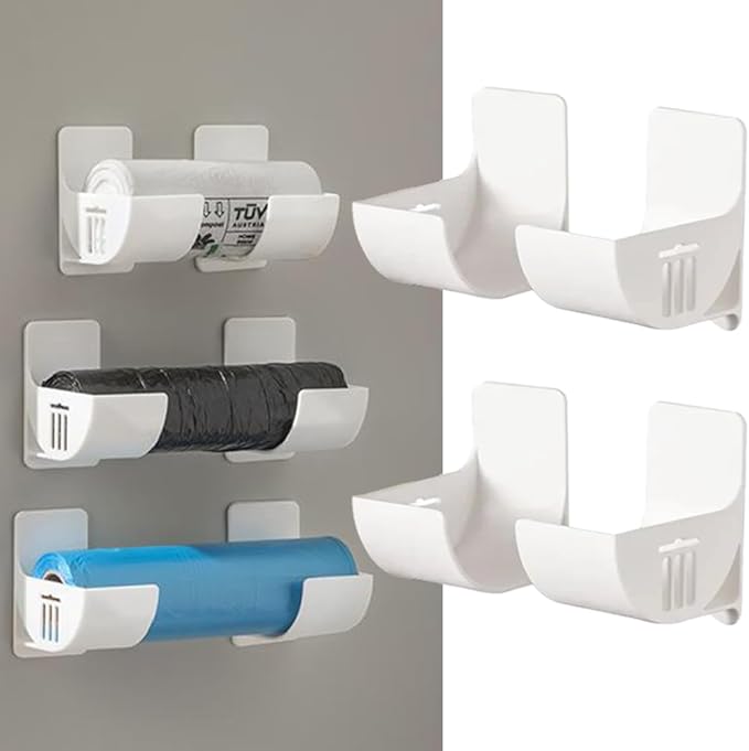 4 Pcs No Punching Trash Bag Dispenser Plastic Bag Holder, Wall Mounted Plastic