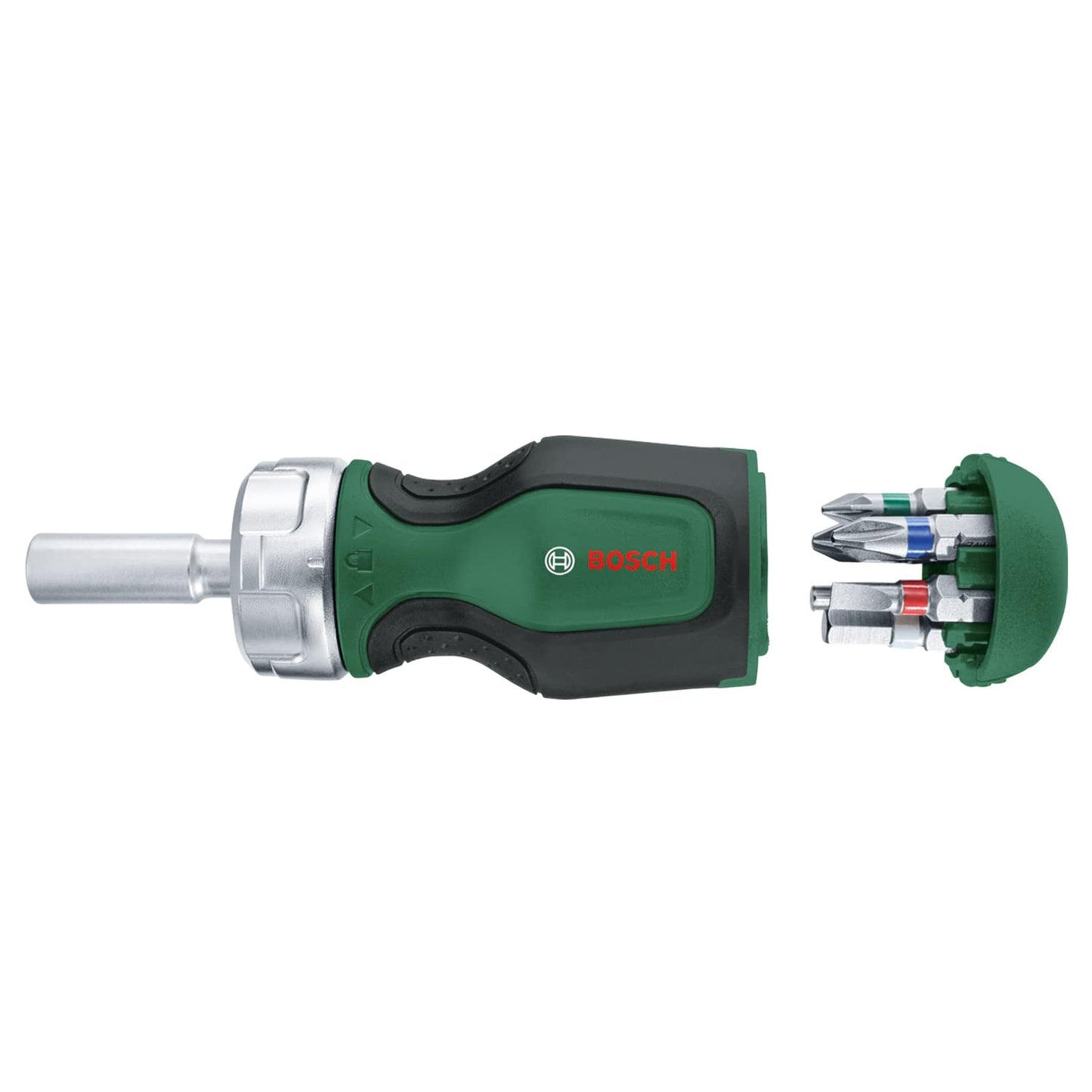 Bosch Stubby Ratchet Screwdriver with 6 Bits (Compact High-Torque Ratchet Screwdriver for Powerful Fastening; 6 Bits Included; Ergonomic; Magnetic Bit Holder)