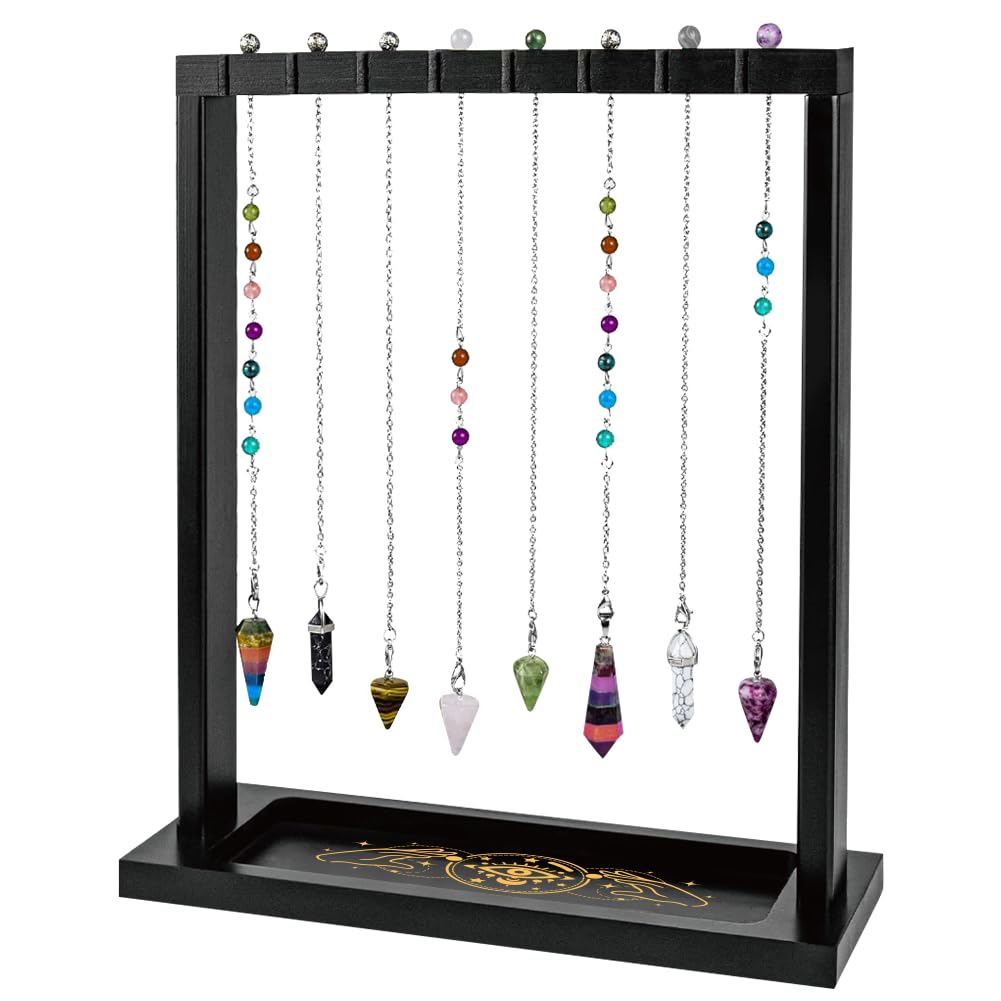 BEUNITONE Wooden Pendulum Crystal Display Holder, Witchcraft Supplies Organizer with Devil's Eye Pattern Tray, Pendulum Board Stand for Witchy Accessories, Wiccan Decor for Living Yoga Meditation Room