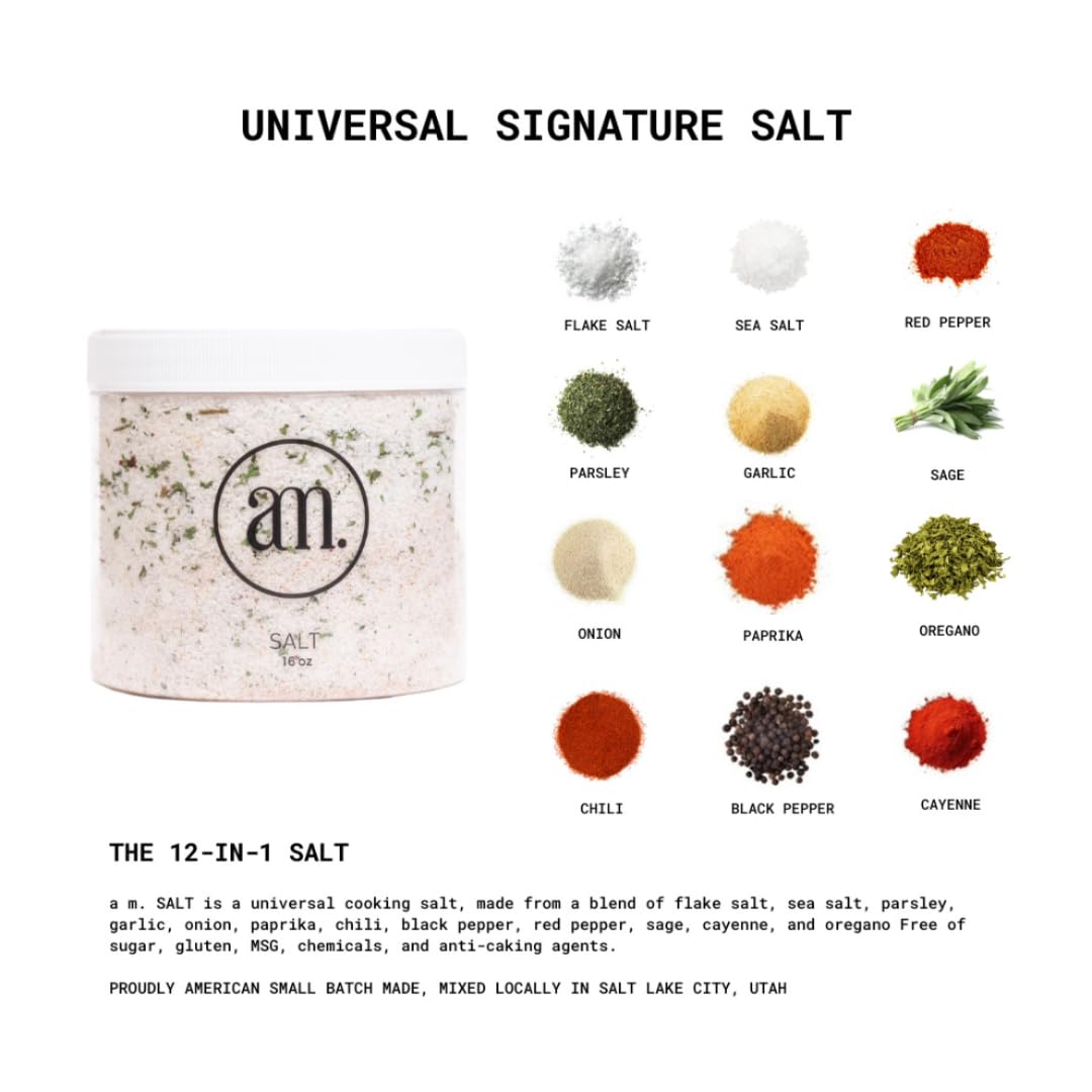 AM SIGNATURE SALT | Universal Cooking Signature Salt | All-Natural Seasoned Salt Blend of Gourmet Flake Kosher Salt, Herbs, Spices | Created by Chef Marco and Aubrey Niccoli (10.5 Ounce)
