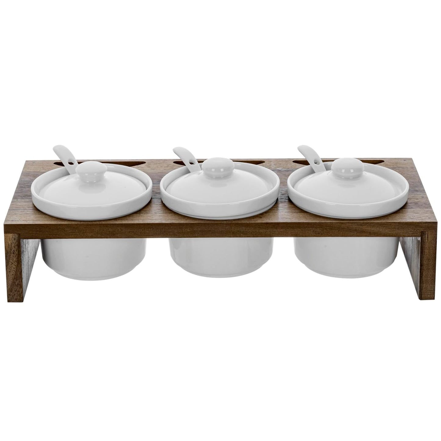 MyGift 10 Pcs Condiment Pot Serving Dish Set, Hosting Essentials, Premium Acacia Solid Wood Raised Display Server Tray and 3 Ceramic Ramekin Dip Bowls with Lids and Spoons