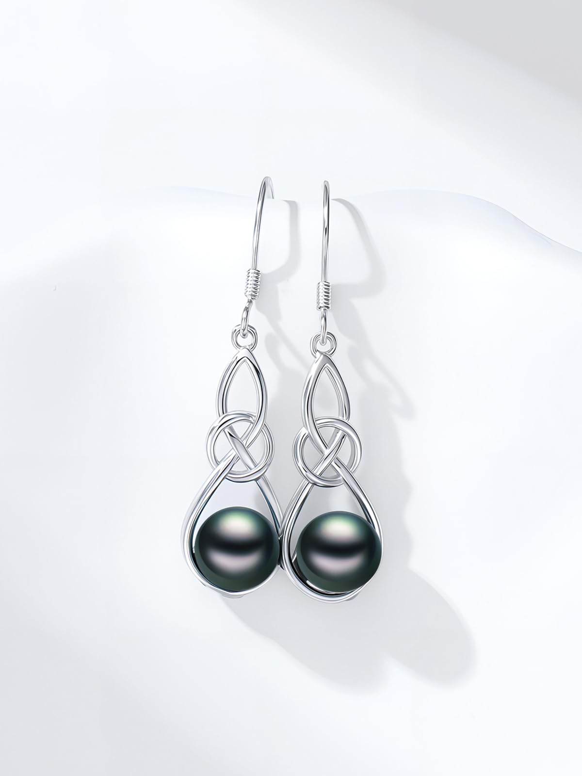 KANNSOAR Tahitian Black Pearl 18K 6MM AAAA White Gold Plated Sterling Silver Celtic Knot Dangle Drop Earrings for Women Wife Mom Girlfriend Valentine Jewelry Gift for Wedding Anniversary Birthday