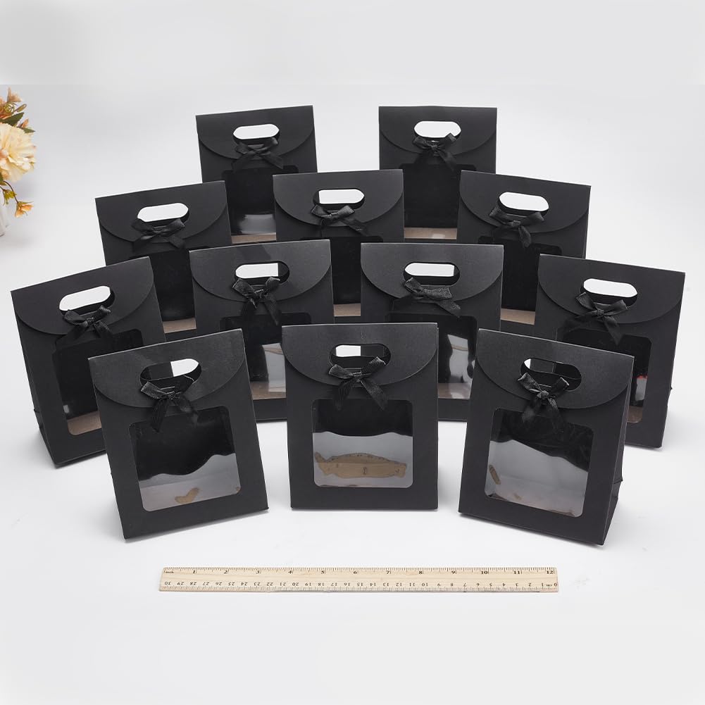 NBEADS 24 Pcs Black Kraft Paper Bags with Clear Window, Stand Up Gift Bag with Handles Small Gift Bag with Bowknot for Candy Cookies Packaging Wedding Christmas Party Store Retail
