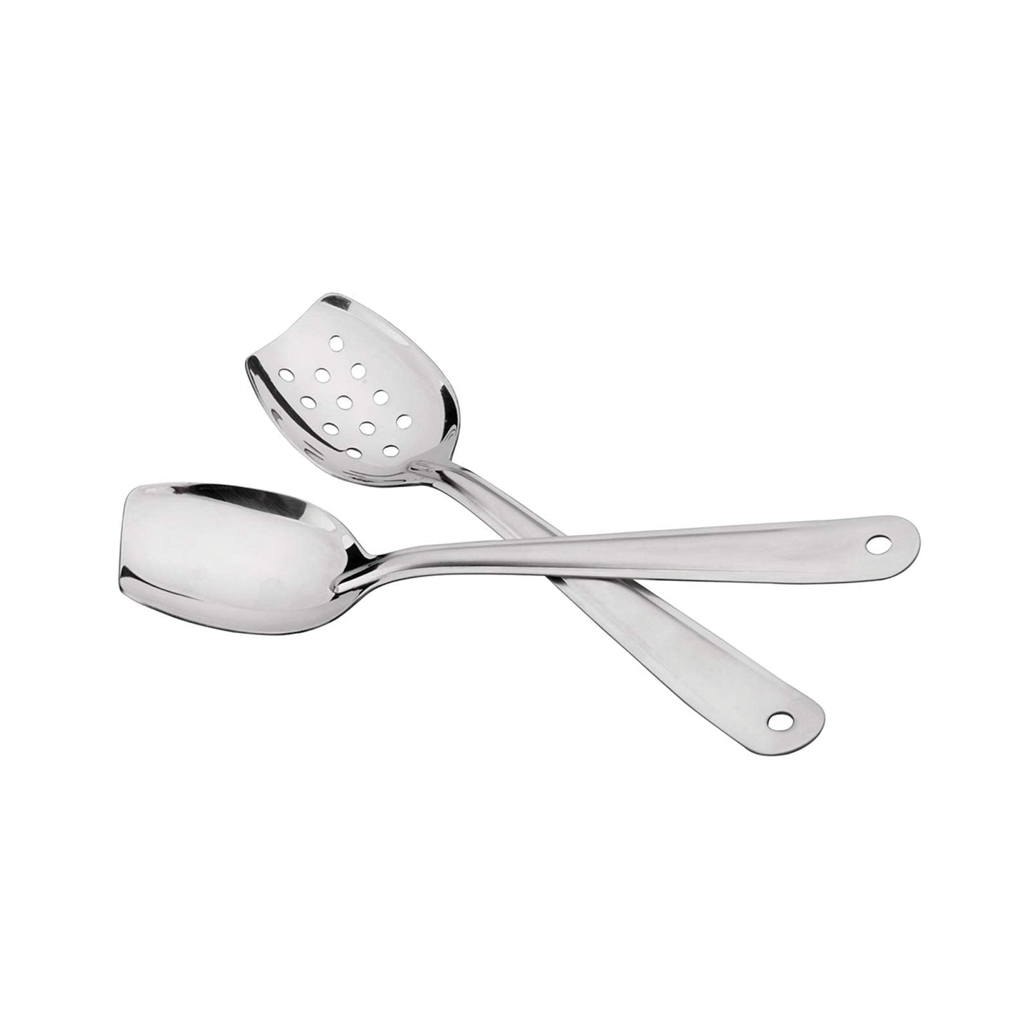 IMEEA 10 Inch Flat Bottom Scraping Cooking Spoon Set of 2, 18/8 Stainless Steel Slotted & Solid Stirring Spoon, Flat Edge Kitchen Spoon for Stir Fry, Sauce, Soup, Instant Pot