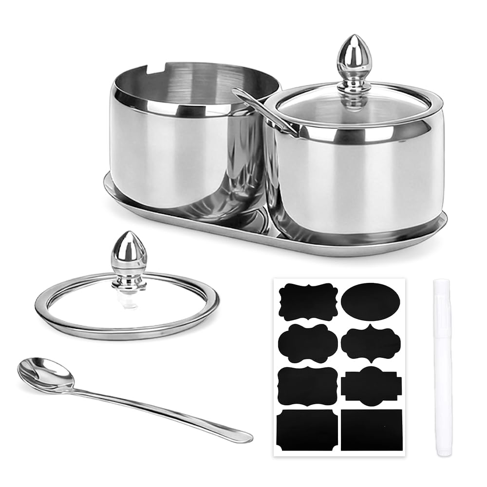 2-Pack 10 Oz Coffee & Sugar Dispenser Set with Tray - Sugar Bowl with Glass Lid & Spoon, Includes Label Stickers & White Marker | Coffee Bar Accessories for Beans, Salt, Brown Sugar Cubes (Silver)