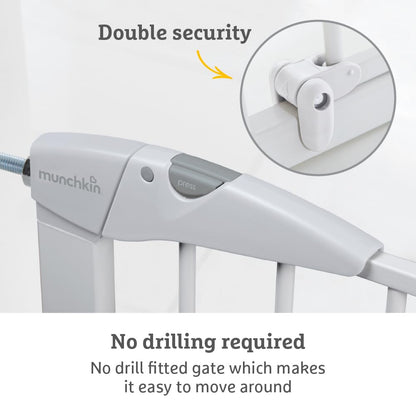 Munchkin Stair Gate Maxi Secure Toddler & Baby Gate 76-82cm extends up to 117cm with separately sold extensions | Pressure Fit Baby Safety & Dog Gate for Doorways | No-Screw Install Child Gate, White