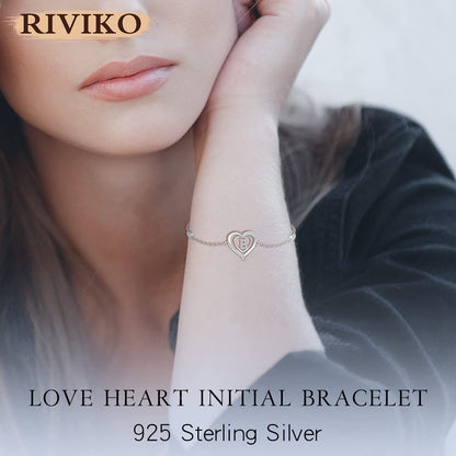RIVIKO Heart Initial Bracelets for Women,925 Sterling Silver Letter B Bracelets,Personalized Charm Alphabet Jewelry Anniversary Valentines Birthday Gifts for Women Her Mom Wife Lady