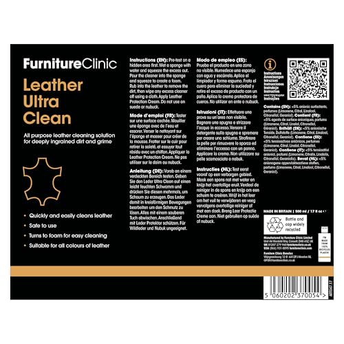 Furniture Clinic Complete Leather Care Kit+ With Large Leather Cleaner & Leather Protection Cream for Sofas, Car Seats - Leather Care Set Includes 500ml Ultra Clean & 500ml Leather Conditioner