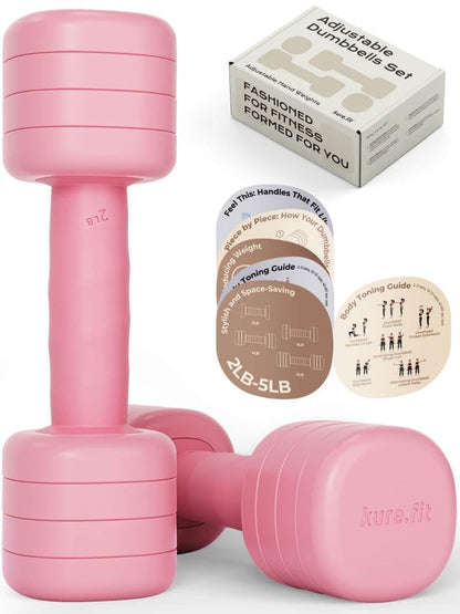 kure.fit Adjustable Dumbbell Set｜2LB 3LB 4LB 5LB Light Hand Weights for Women｜One-Twist Weight Adjustment｜Non-Slip Curved Grip Handle｜Free Weights for Home Gym, Rehab, Pilates, Yoga, Strength Training