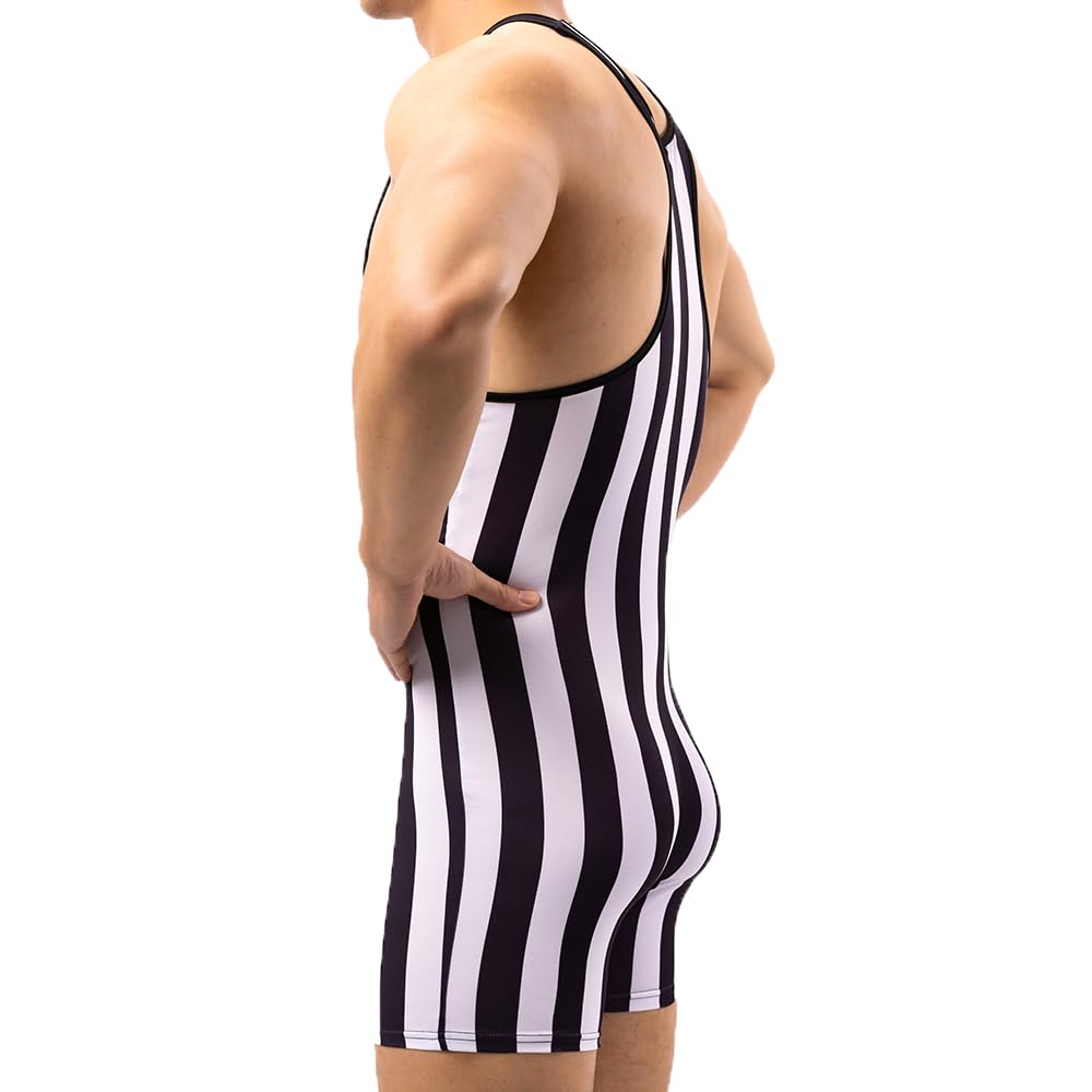 WMIERFI Men Striped Bodysuit Wrestling Singlet Seamless Active Jumpsuit One Piece Base Layers Athletic Supporters Leotard