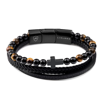 LIVLOKO Mens Bracelet Leather Black Multi-Layer Tiger-Eye Beaded Bracelet for Men Magnetic Clasp Rope Wristband Mens Gift for Boyfriend