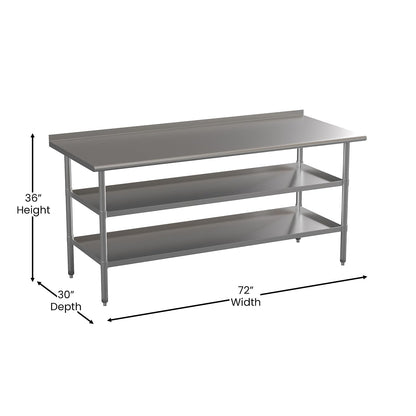 Flash Furniture Ravenel Stainless Steel 18 Gauge Work Table with 1.5" Backsplash and 2 Undershelves - 72"W x 30"D x 34.5"H, NSF