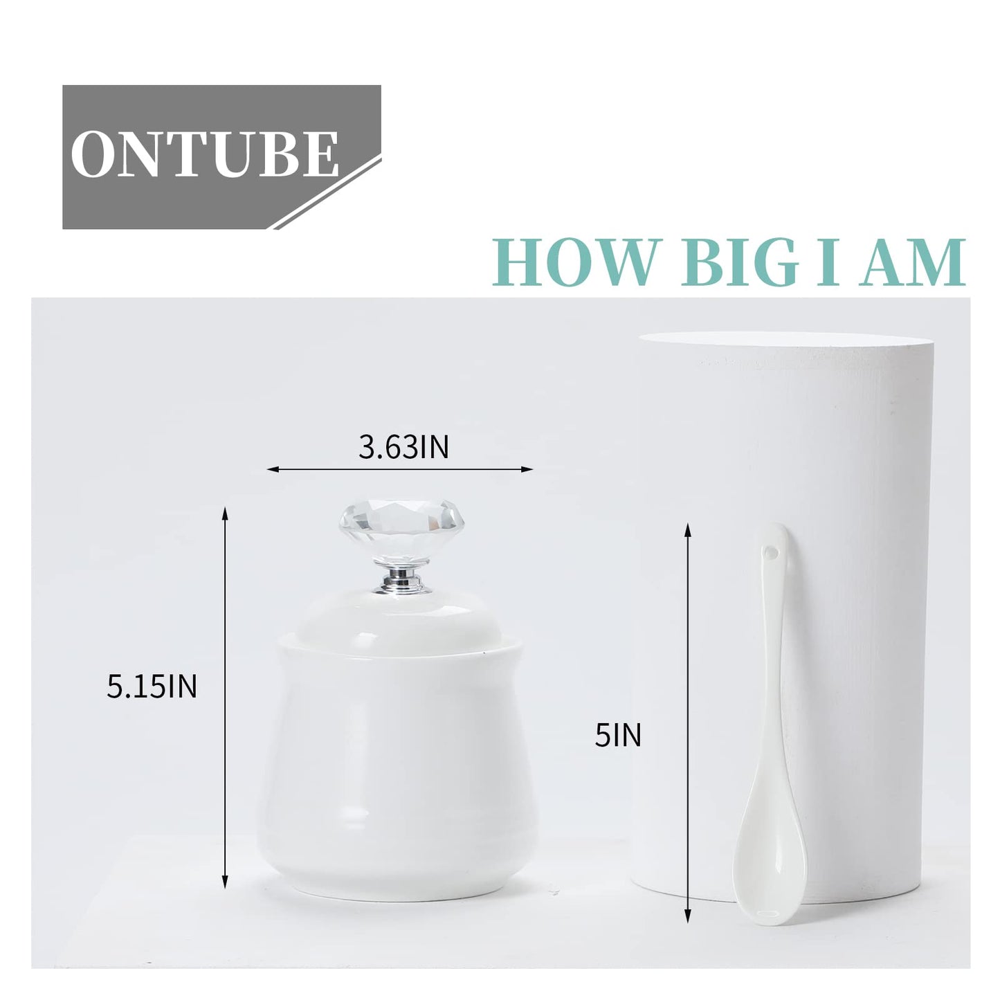 ONTUBE Ceramics Sugar Bowl with Crystal Lid and Spoon 12oz, Silver