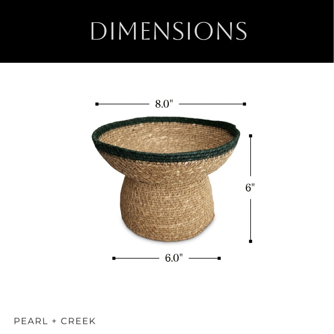 Lagena Decorative Pedestal Bowl, Handwoven Natural Grass Key Bowl and Fruit Bowl, Entryway Table Decor, Coffee Table and Bookshelf Styling, Boho and Farmhouse Home Decor, Green Trim, 8in Wide 6in Tall