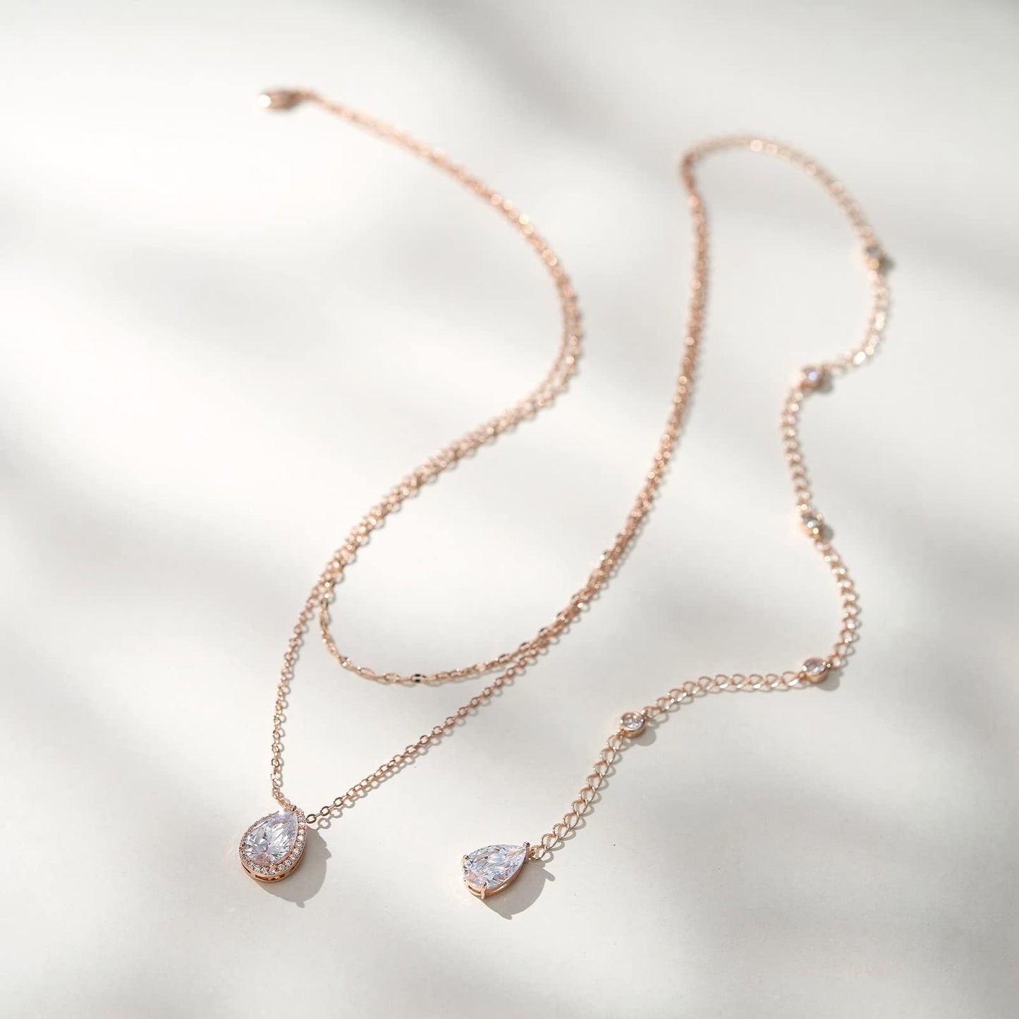 SWEETV Teardrop Wedding Back Necklace for Bride Bridesmaids, Rose Gold Cubic Zirconia Simple Back Pendant Bridal Necklace for Wedding Party