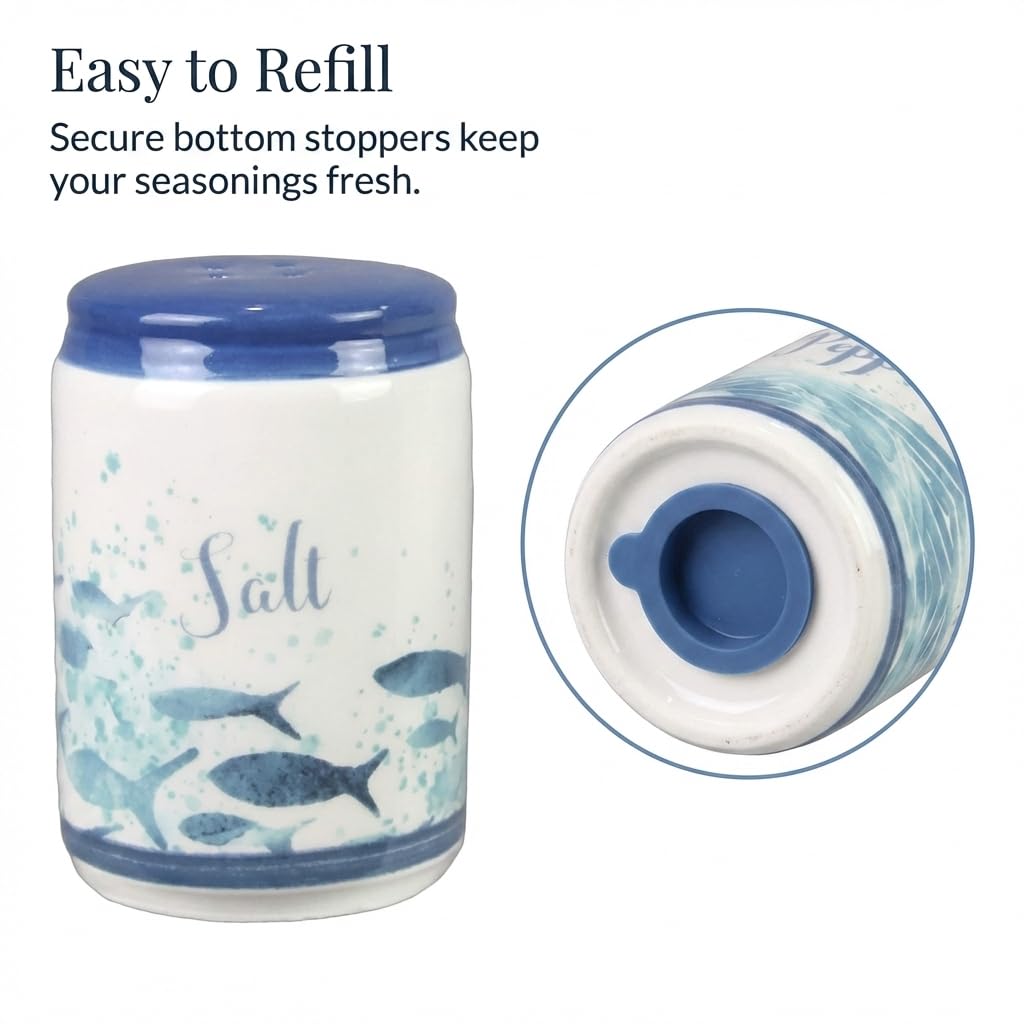 Beachy Blue Fish & Ocean Waves Ceramic Salt & Pepper Shakers