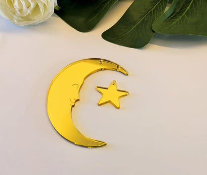Set of 20 Crescent Moon and Star,Christmas Moon and Star Hanging Ornament for Window &Christmas Tree Decoration (Gold Mirror)