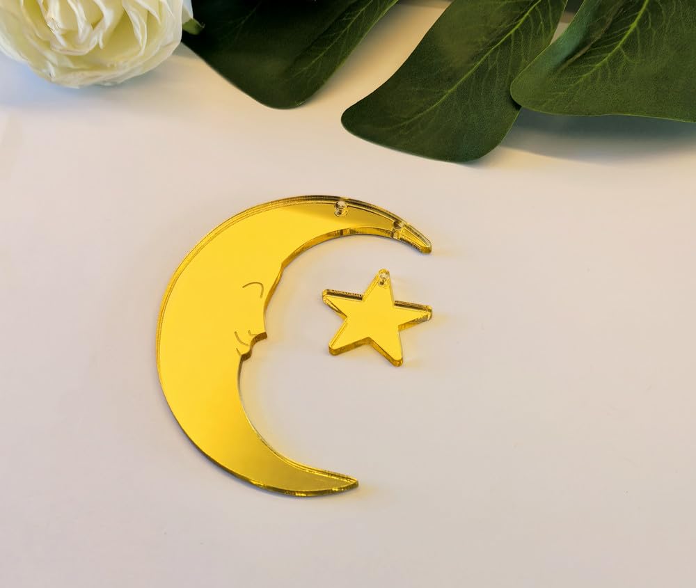 Set of 20 Crescent Moon and Star,Christmas Moon and Star Hanging Ornament for Window &Christmas Tree Decoration (Gold Mirror)