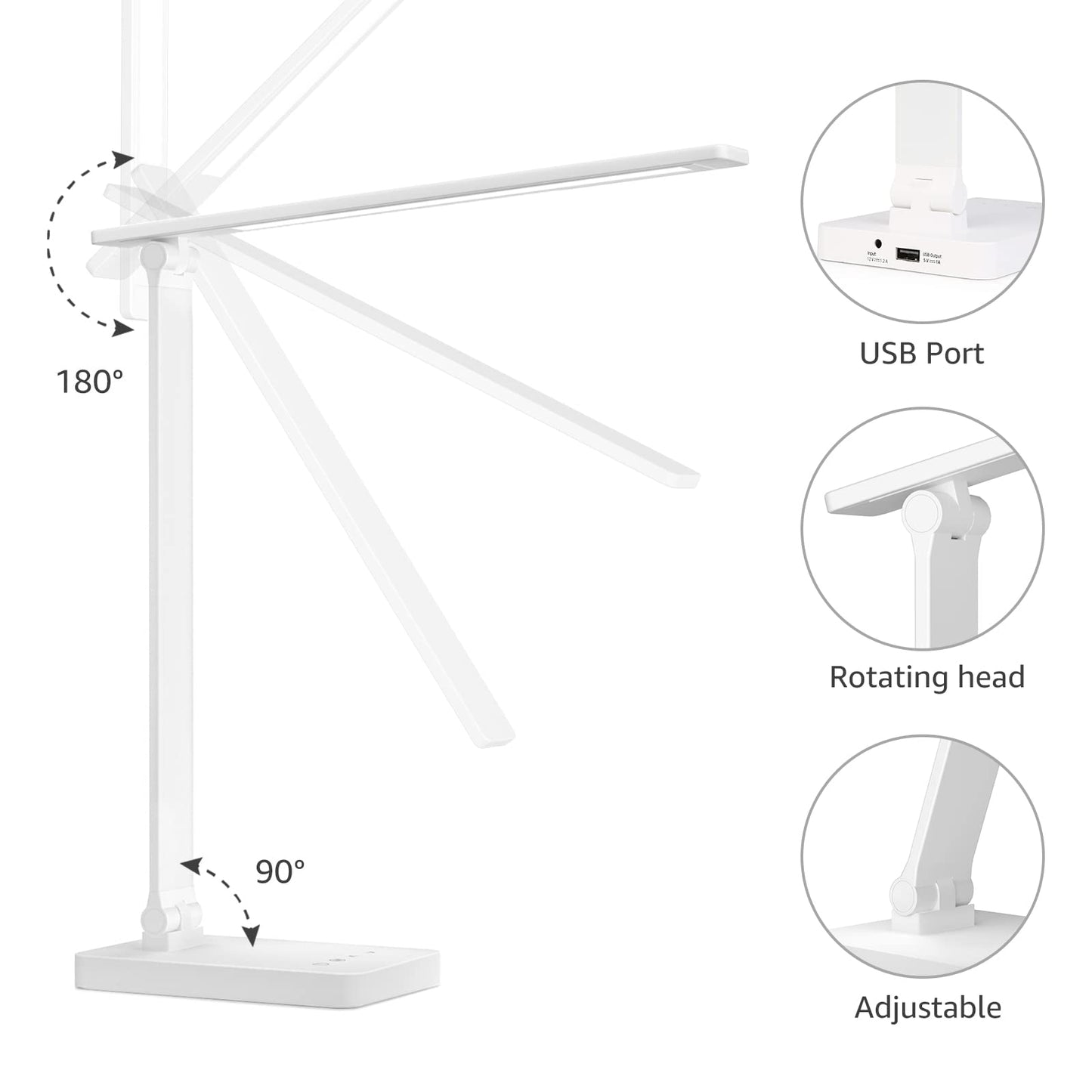 Lepro LED Desk Lamp, Desk Lamp with Power Adapter, 655lm, Desk Lamps Office with USB Charging Port, 5 Brightness Levels x 3 Colour Mode, Touch Control Daylight Lamp for Office, Nails, Study, Bedroom