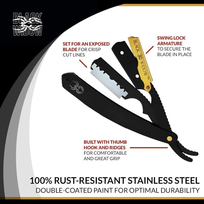 Black Widow Razor, Professional Straight Razor for Men, Safety with 10 Pack Blades (1.5mm Exposure) (Gold)