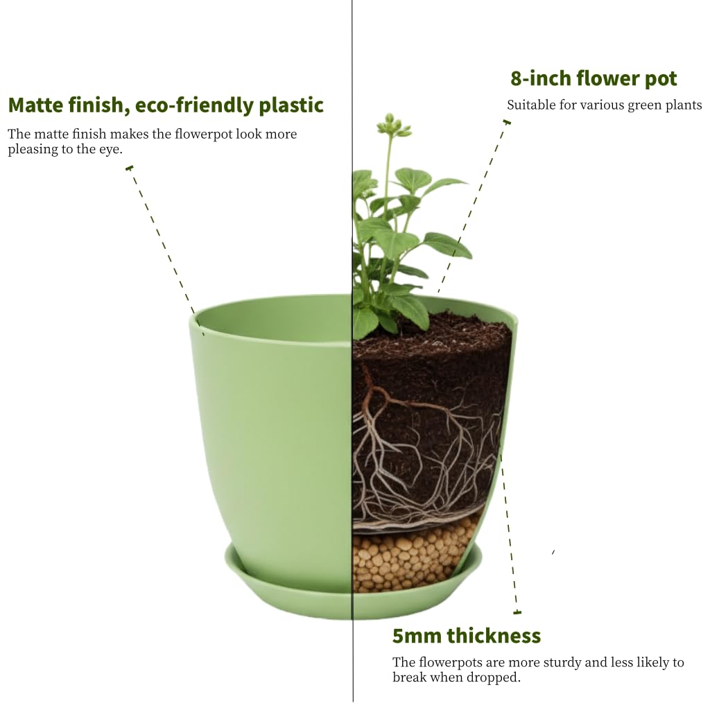 Vanslogreen Plant Pots 8 Inch Set of 6, Flower Pots with Drainage Holes and Saucer, Plastic Garden Planters for Indoor & Outdoor Plants (Green)