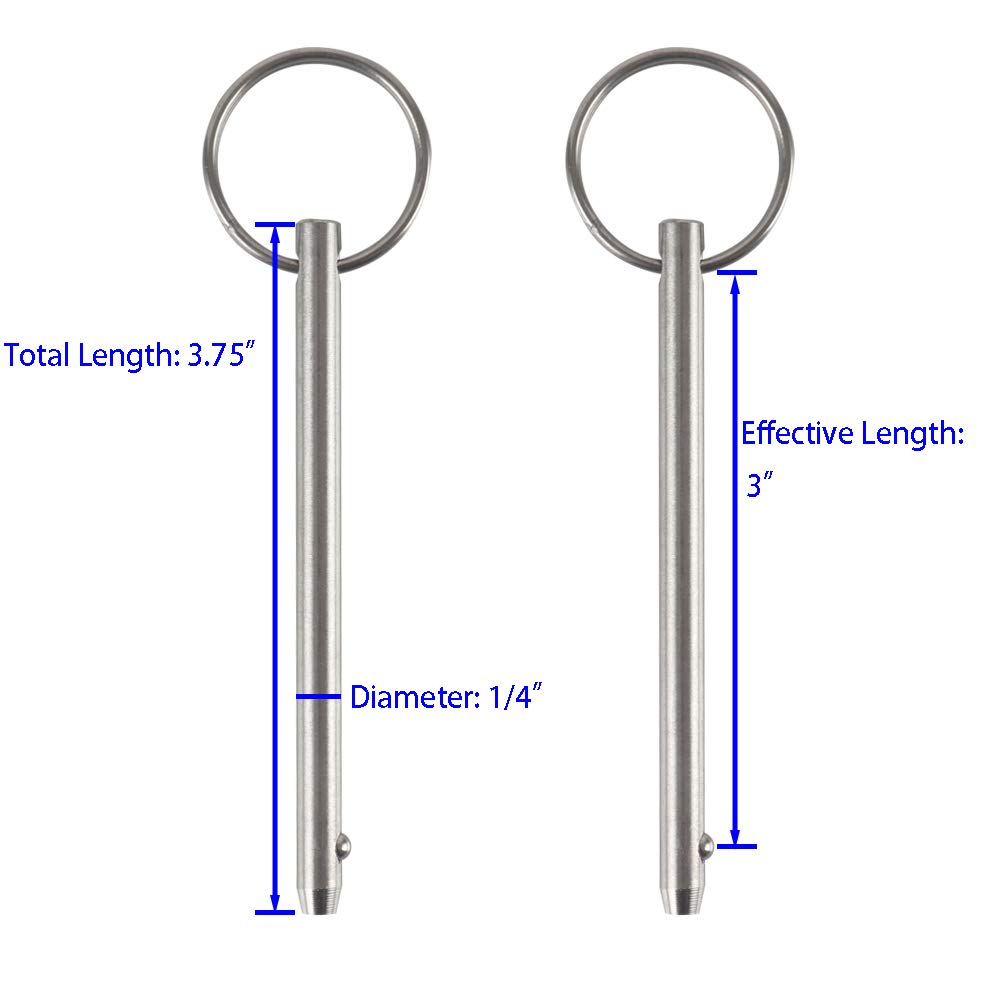 4 Pack Quick Release Pin, Diameter 1/4"(6.3mm), Overall Length 3.75"(95mm), Usable Length 3"(76mm), Full 316 Stainless Steel, Bimini Top Pin, Marine Hardware
