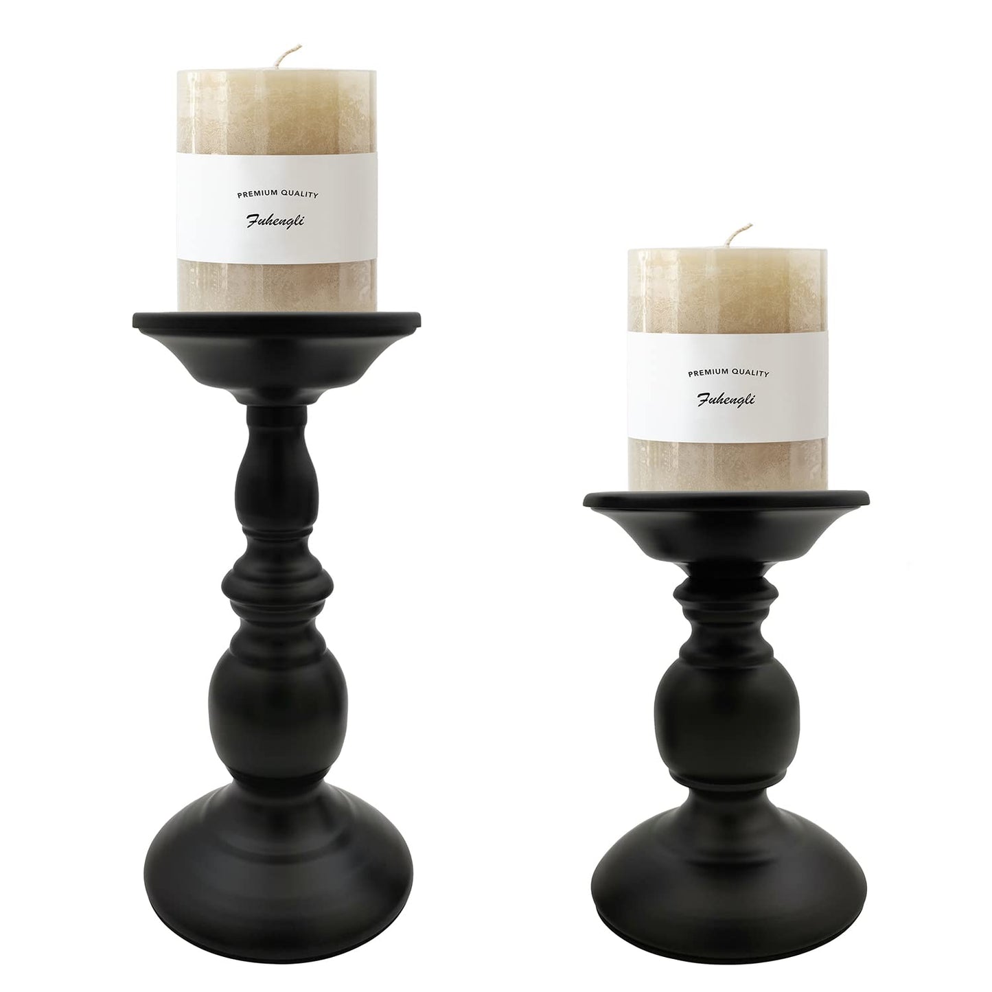 Fuhengli Pillar Candle Holders Stands Set of 2, Candle Holders for Pillar Candles Decorative Candlestick Holder for Fireplace, Home Decor, Dinning, Party, Wedding, Matte Black, 6.2" & 8.7"
