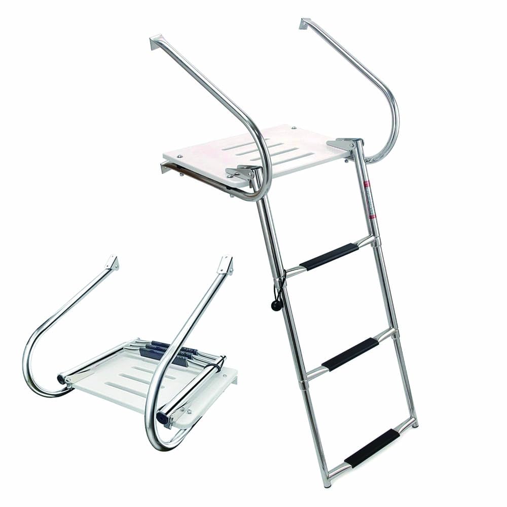 Mojiate Universal Inboard/Outboard Swimming Ladder with Fiberglass Platform, Telescopic Boat Ladder with 2 Handrails, Extendable Folding Stepladder for Marine, Ship, Yacht and More (3 - Step)