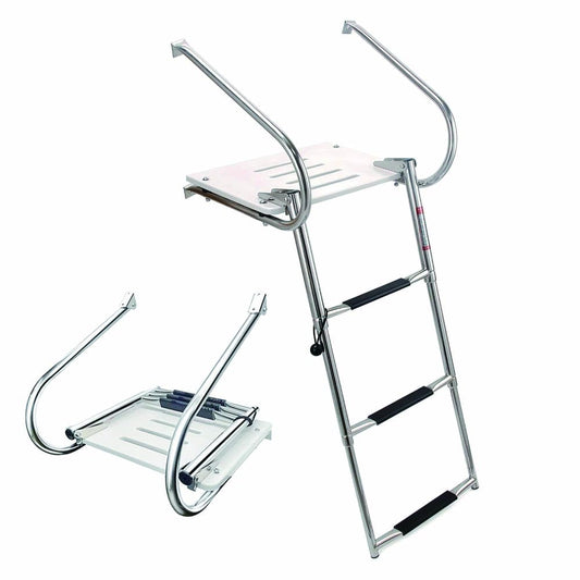 Mojiate Universal Inboard/Outboard Swimming Ladder with Fiberglass Platform, Telescopic Boat Ladder with 2 Handrails, Extendable Folding Stepladder for Marine, Ship, Yacht and More (3 - Step)
