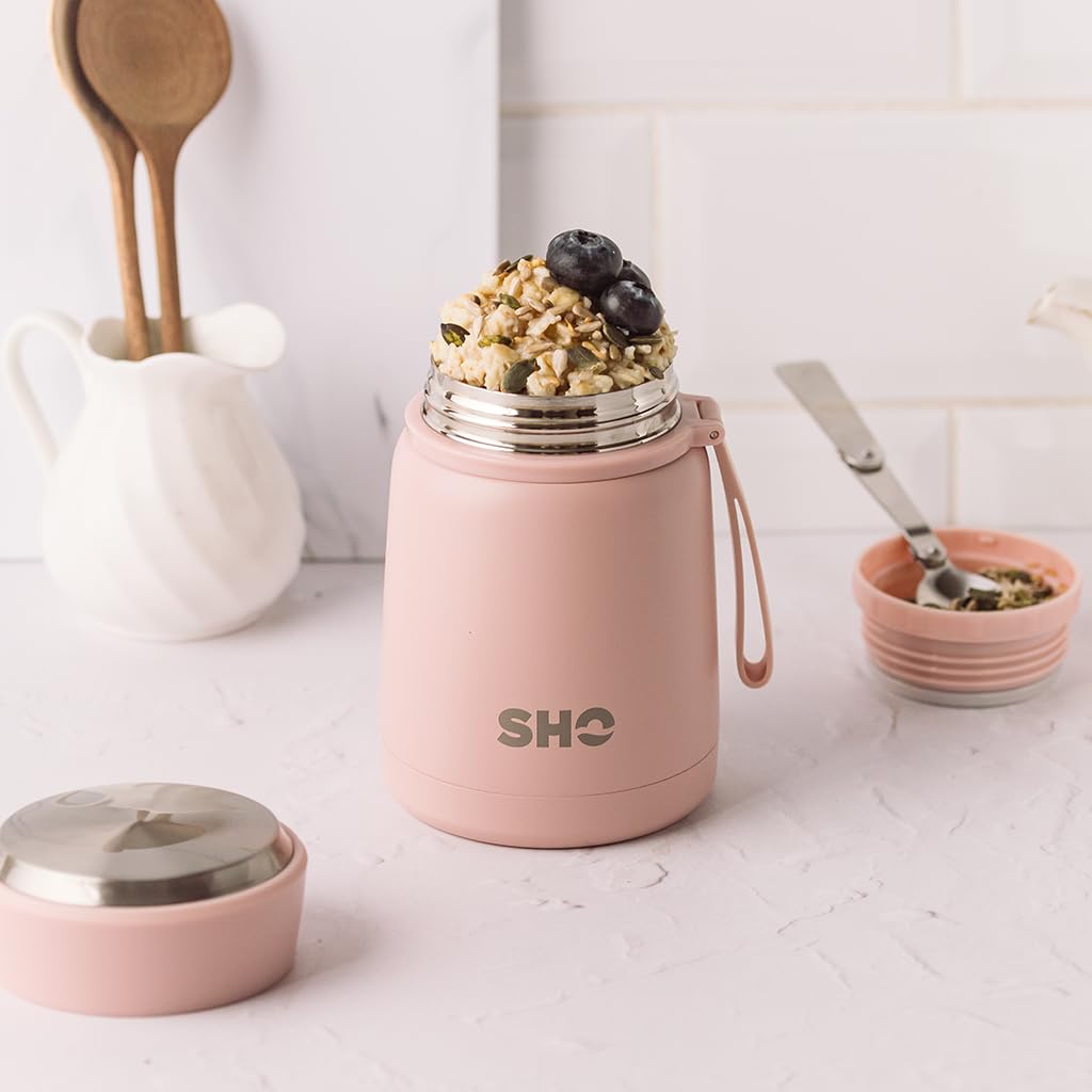 SHO Food Flask - Vacuum Insulated, Double Walled Stainless Steel Food Flask & Food Container - 10 Hours Hot & 20 Hours Cold - 530ml 800ml - BPA Free (Dusty Rose, 530ml)