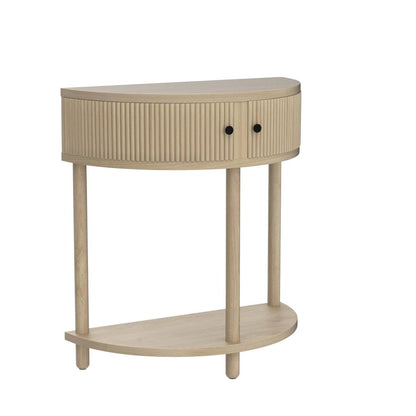 Stead Fluted Half Moon Shaped Console Table, Small Entry Desk, Living Room Furniture, Modern Home Decor, Solid Wood Entryway Table with Two Doors and Black Knobs (Natural Oak)