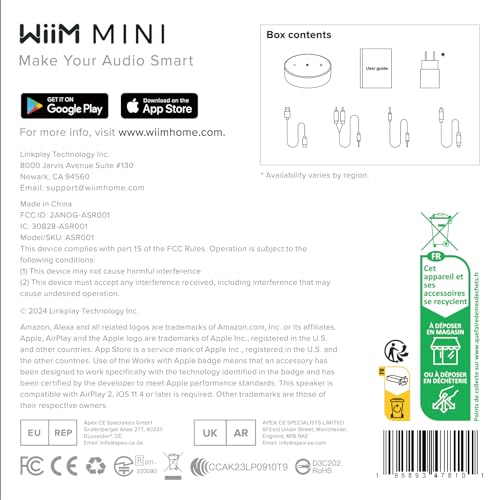 WiiM Mini AirPlay 2 Wireless Audio Streamer, Multiroom Stereo, Preamplifier, Works with Alexa and Siri Voice Assistants, Stream Hi-Res Audio from Amazon Music, Tidal and More