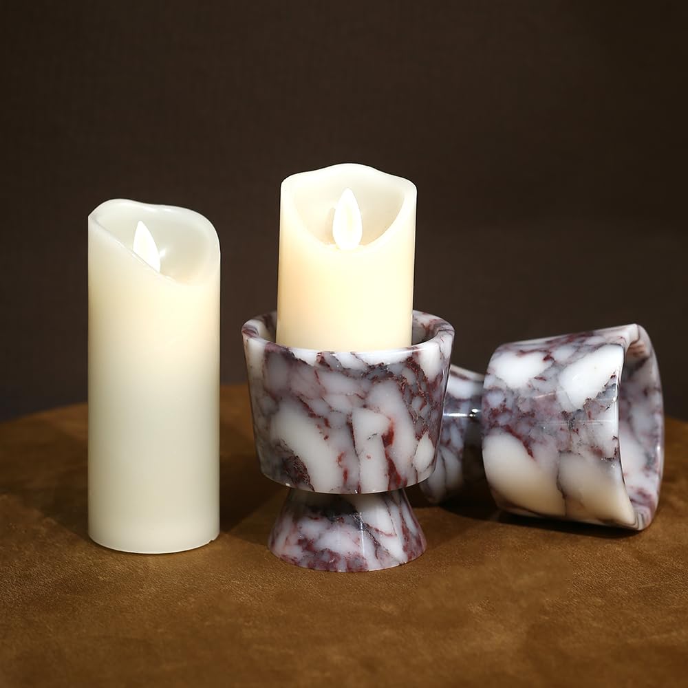 Premium Natural Marble Small Stone Pillar Candle Holder, with Unique Veined Pattern, Decor for Desk, Nightstand, Bathroom or Living Room, Luxe Home for Tea Light